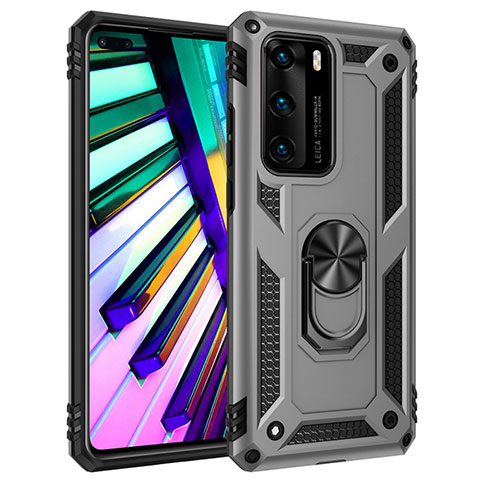 Funda Bumper Silicona y Plastico Mate Carcasa con Magnetico Anillo de dedo Soporte C01 para Huawei P40 Plata