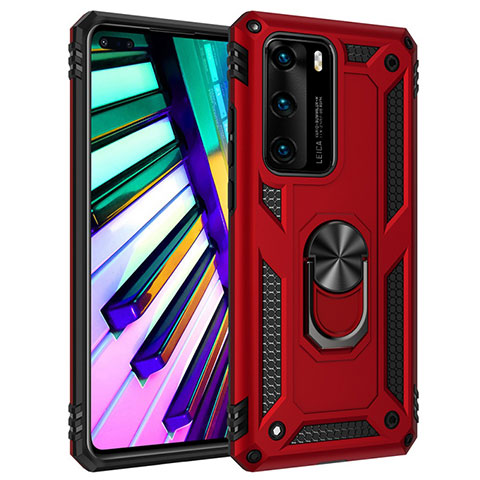 Funda Bumper Silicona y Plastico Mate Carcasa con Magnetico Anillo de dedo Soporte C01 para Huawei P40 Rojo