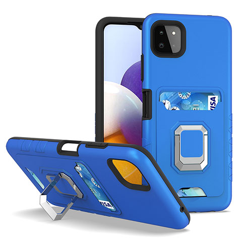 Funda Bumper Silicona y Plastico Mate Carcasa con Magnetico Anillo de dedo Soporte J01S para Samsung Galaxy A22 5G Azul