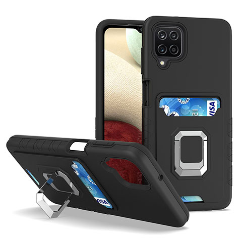 Funda Bumper Silicona y Plastico Mate Carcasa con Magnetico Anillo de dedo Soporte J01S para Samsung Galaxy F12 Negro