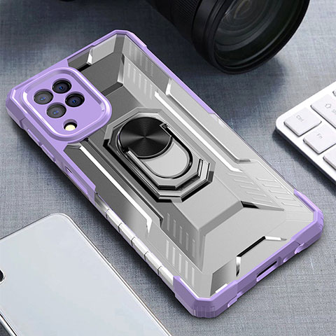 Funda Bumper Silicona y Plastico Mate Carcasa con Magnetico Anillo de dedo Soporte J01S para Samsung Galaxy M22 4G Morado