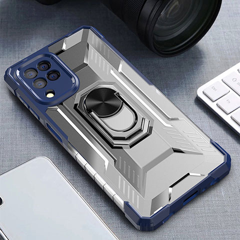 Funda Bumper Silicona y Plastico Mate Carcasa con Magnetico Anillo de dedo Soporte J01S para Samsung Galaxy M32 4G Azul