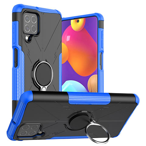 Funda Bumper Silicona y Plastico Mate Carcasa con Magnetico Anillo de dedo Soporte J01X para Samsung Galaxy F62 5G Azul