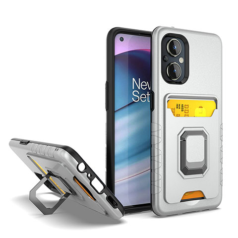 Funda Bumper Silicona y Plastico Mate Carcasa con Magnetico Anillo de dedo Soporte J03S para OnePlus Nord N20 5G Plata