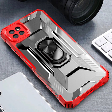 Funda Bumper Silicona y Plastico Mate Carcasa con Magnetico Anillo de dedo Soporte J03S para Samsung Galaxy A22 5G Rojo