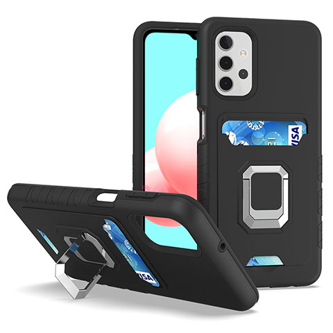 Funda Bumper Silicona y Plastico Mate Carcasa con Magnetico Anillo de dedo Soporte J03S para Samsung Galaxy A32 4G Negro