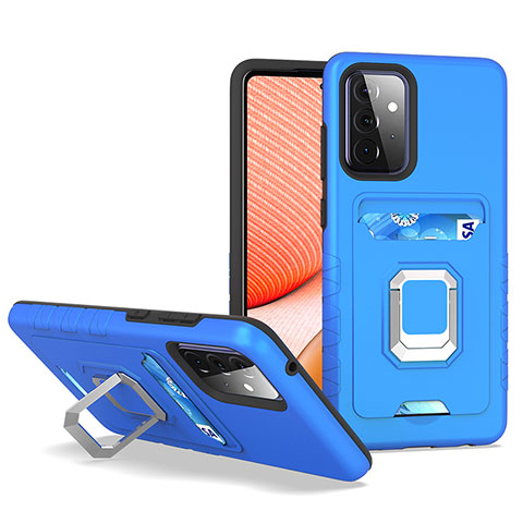 Funda Bumper Silicona y Plastico Mate Carcasa con Magnetico Anillo de dedo Soporte J03S para Samsung Galaxy A72 4G Azul