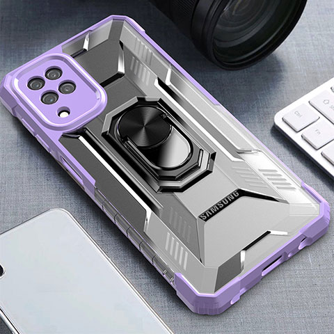 Funda Bumper Silicona y Plastico Mate Carcasa con Magnetico Anillo de dedo Soporte J03S para Samsung Galaxy M12 Morado