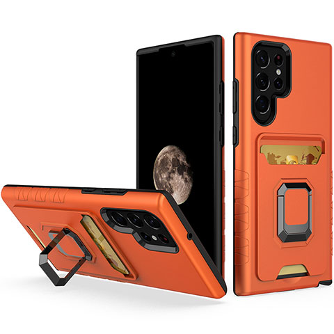 Funda Bumper Silicona y Plastico Mate Carcasa con Magnetico Anillo de dedo Soporte J03S para Samsung Galaxy S22 Ultra 5G Naranja