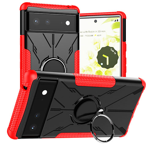 Funda Bumper Silicona y Plastico Mate Carcasa con Magnetico Anillo de dedo Soporte JX1 para Google Pixel 6 5G Rojo