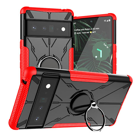 Funda Bumper Silicona y Plastico Mate Carcasa con Magnetico Anillo de dedo Soporte JX1 para Google Pixel 6 Pro 5G Rojo