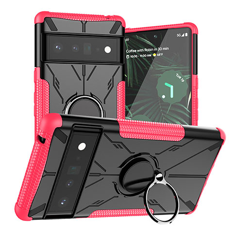 Funda Bumper Silicona y Plastico Mate Carcasa con Magnetico Anillo de dedo Soporte JX1 para Google Pixel 6 Pro 5G Rosa Roja