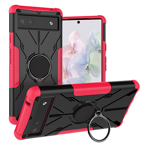 Funda Bumper Silicona y Plastico Mate Carcasa con Magnetico Anillo de dedo Soporte JX1 para Google Pixel 6a 5G Rosa Roja