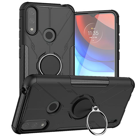 Funda Bumper Silicona y Plastico Mate Carcasa con Magnetico Anillo de dedo Soporte JX1 para Motorola Moto E7 Power Negro