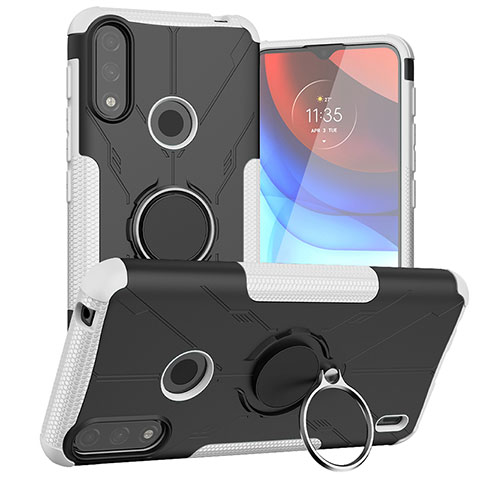 Funda Bumper Silicona y Plastico Mate Carcasa con Magnetico Anillo de dedo Soporte JX1 para Motorola Moto E7 Power Plata