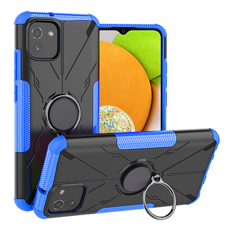 Funda Bumper Silicona y Plastico Mate Carcasa con Magnetico Anillo de dedo Soporte JX1 para Samsung Galaxy A03 Azul