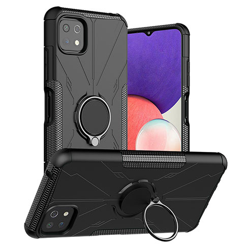 Funda Bumper Silicona y Plastico Mate Carcasa con Magnetico Anillo de dedo Soporte JX1 para Samsung Galaxy A22 5G Negro