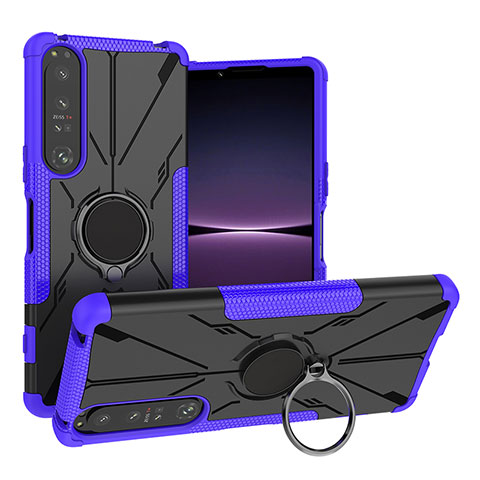 Funda Bumper Silicona y Plastico Mate Carcasa con Magnetico Anillo de dedo Soporte JX1 para Sony Xperia 1 IV Morado