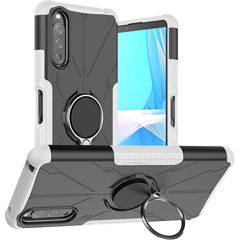 Funda Bumper Silicona y Plastico Mate Carcasa con Magnetico Anillo de dedo Soporte JX1 para Sony Xperia 10 III Lite Plata