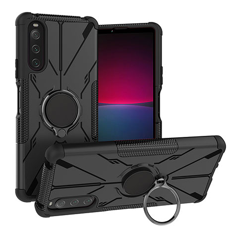 Funda Bumper Silicona y Plastico Mate Carcasa con Magnetico Anillo de dedo Soporte JX1 para Sony Xperia 10 V Negro