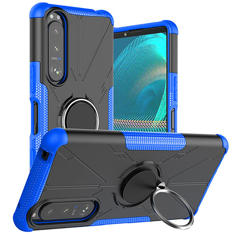 Funda Bumper Silicona y Plastico Mate Carcasa con Magnetico Anillo de dedo Soporte JX1 para Sony Xperia 5 III SO-53B Azul