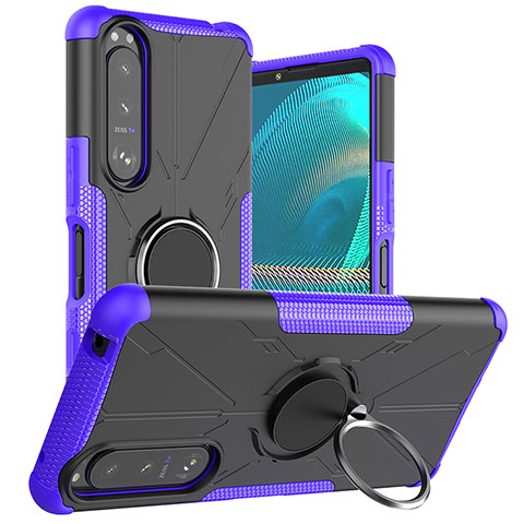 Funda Bumper Silicona y Plastico Mate Carcasa con Magnetico Anillo de dedo Soporte JX1 para Sony Xperia 5 III SO-53B Morado