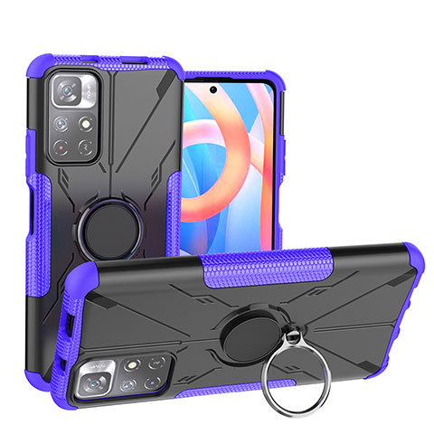 Funda Bumper Silicona y Plastico Mate Carcasa con Magnetico Anillo de dedo Soporte JX1 para Xiaomi Poco M4 Pro 5G Morado