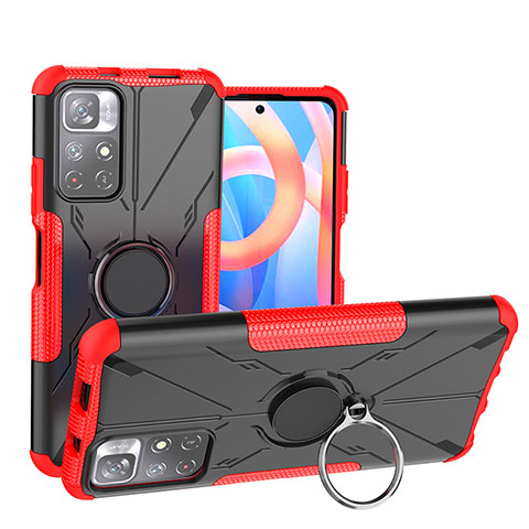 Funda Bumper Silicona y Plastico Mate Carcasa con Magnetico Anillo de dedo Soporte JX1 para Xiaomi Poco M4 Pro 5G Rojo