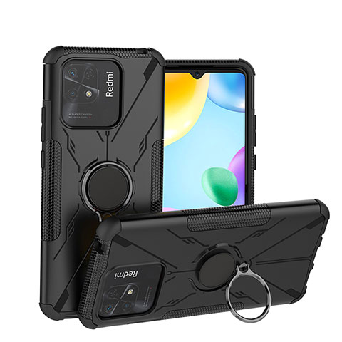 Funda Bumper Silicona y Plastico Mate Carcasa con Magnetico Anillo de dedo Soporte JX1 para Xiaomi Redmi 10 India Negro