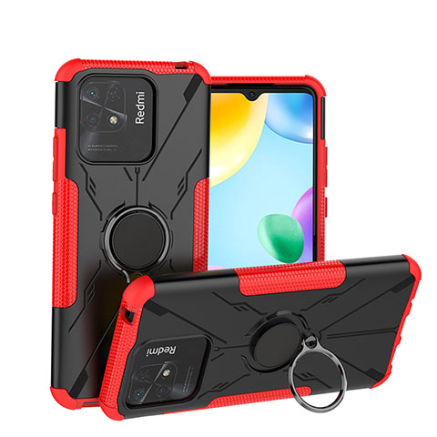 Funda Bumper Silicona y Plastico Mate Carcasa con Magnetico Anillo de dedo Soporte JX1 para Xiaomi Redmi 10 India Rojo