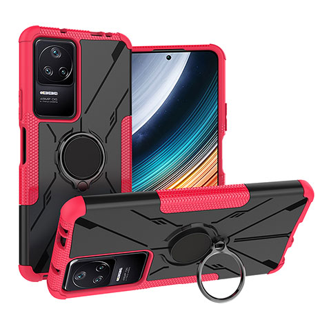 Funda Bumper Silicona y Plastico Mate Carcasa con Magnetico Anillo de dedo Soporte JX1 para Xiaomi Redmi K40S 5G Rosa Roja