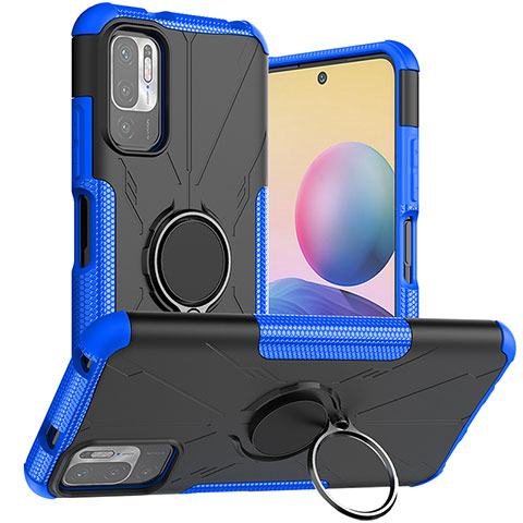 Funda Bumper Silicona y Plastico Mate Carcasa con Magnetico Anillo de dedo Soporte JX1 para Xiaomi Redmi Note 10 5G Azul
