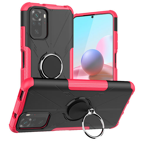 Funda Bumper Silicona y Plastico Mate Carcasa con Magnetico Anillo de dedo Soporte JX1 para Xiaomi Redmi Note 10S 4G Rosa Roja