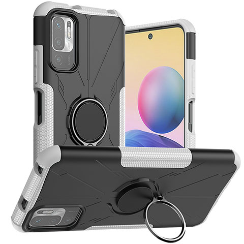 Funda Bumper Silicona y Plastico Mate Carcasa con Magnetico Anillo de dedo Soporte JX1 para Xiaomi Redmi Note 10T 5G Plata