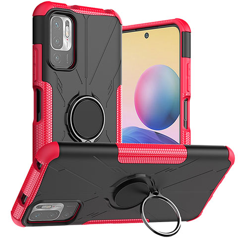 Funda Bumper Silicona y Plastico Mate Carcasa con Magnetico Anillo de dedo Soporte JX1 para Xiaomi Redmi Note 10T 5G Rosa Roja
