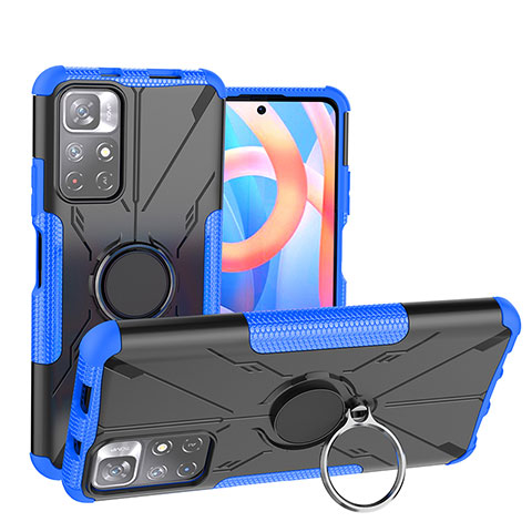 Funda Bumper Silicona y Plastico Mate Carcasa con Magnetico Anillo de dedo Soporte JX1 para Xiaomi Redmi Note 11 5G Azul
