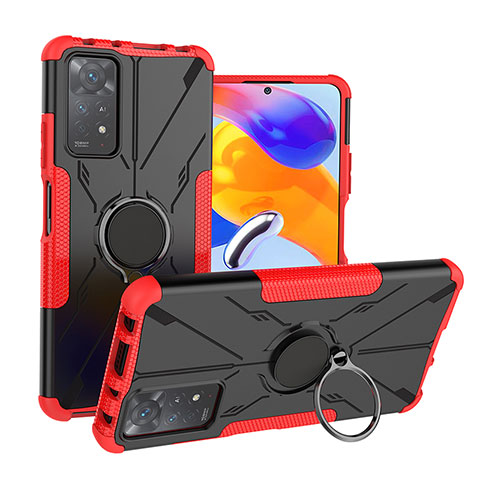 Funda Bumper Silicona y Plastico Mate Carcasa con Magnetico Anillo de dedo Soporte JX1 para Xiaomi Redmi Note 11 Pro 4G Rojo