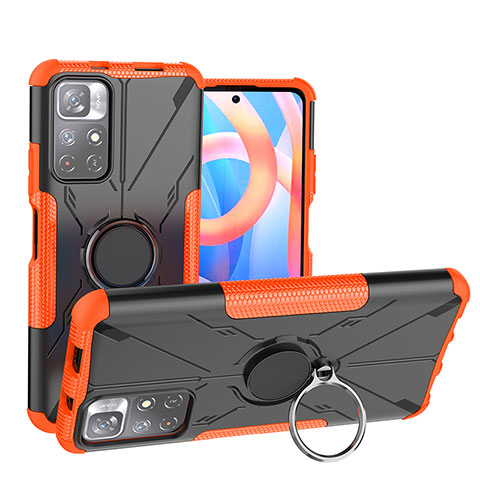 Funda Bumper Silicona y Plastico Mate Carcasa con Magnetico Anillo de dedo Soporte JX1 para Xiaomi Redmi Note 11T 5G Naranja