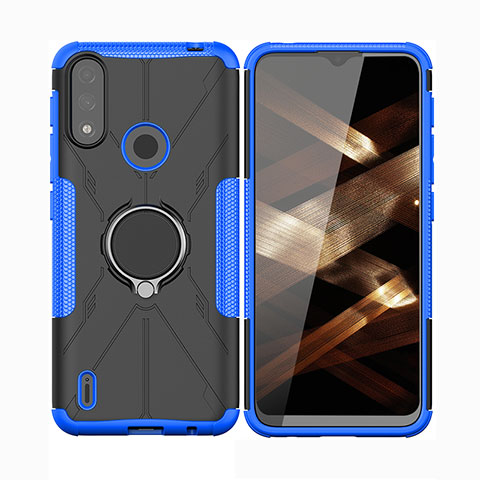 Funda Bumper Silicona y Plastico Mate Carcasa con Magnetico Anillo de dedo Soporte JX2 para Motorola Moto E7 Power Azul