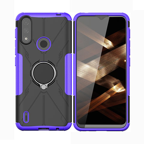 Funda Bumper Silicona y Plastico Mate Carcasa con Magnetico Anillo de dedo Soporte JX2 para Motorola Moto E7 Power Morado