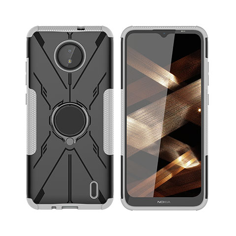 Funda Bumper Silicona y Plastico Mate Carcasa con Magnetico Anillo de dedo Soporte JX2 para Nokia C10 Plata