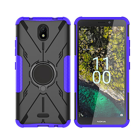 Funda Bumper Silicona y Plastico Mate Carcasa con Magnetico Anillo de dedo Soporte JX2 para Nokia C100 Morado