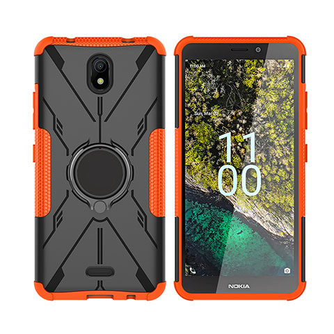 Funda Bumper Silicona y Plastico Mate Carcasa con Magnetico Anillo de dedo Soporte JX2 para Nokia C100 Naranja