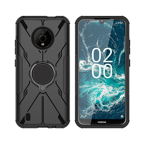 Funda Bumper Silicona y Plastico Mate Carcasa con Magnetico Anillo de dedo Soporte JX2 para Nokia C200 Negro