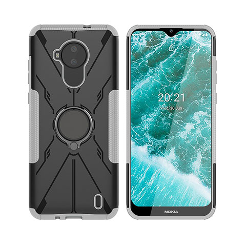 Funda Bumper Silicona y Plastico Mate Carcasa con Magnetico Anillo de dedo Soporte JX2 para Nokia C30 Plata