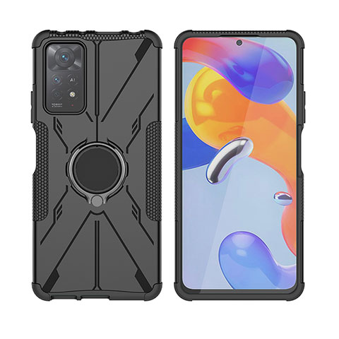 Funda Bumper Silicona y Plastico Mate Carcasa con Magnetico Anillo de dedo Soporte JX2 para Xiaomi Redmi Note 11 Pro 4G Negro