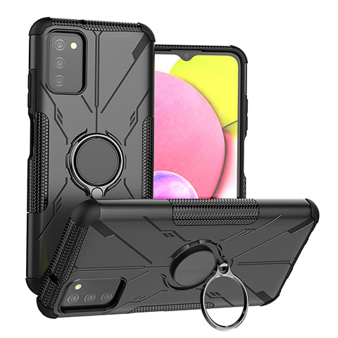 Funda Bumper Silicona y Plastico Mate Carcasa con Magnetico Anillo de dedo Soporte JX3 para Samsung Galaxy M02s Negro