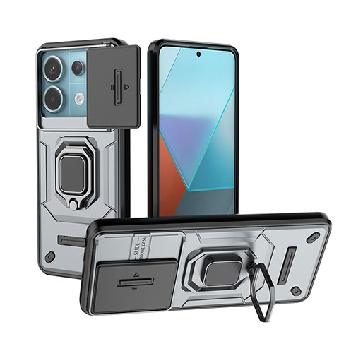 Funda Bumper Silicona y Plastico Mate Carcasa con Magnetico Anillo de dedo Soporte K1C para Xiaomi Redmi Note 13 Pro 5G Gris