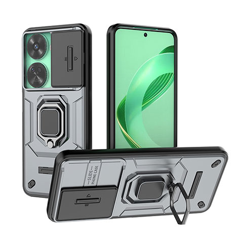 Funda Bumper Silicona y Plastico Mate Carcasa con Magnetico Anillo de dedo Soporte K2C para Huawei Nova 11 SE Gris