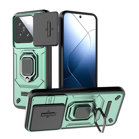 Funda Bumper Silicona y Plastico Mate Carcasa con Magnetico Anillo de dedo Soporte K2C para Xiaomi Mi 14 5G Verde